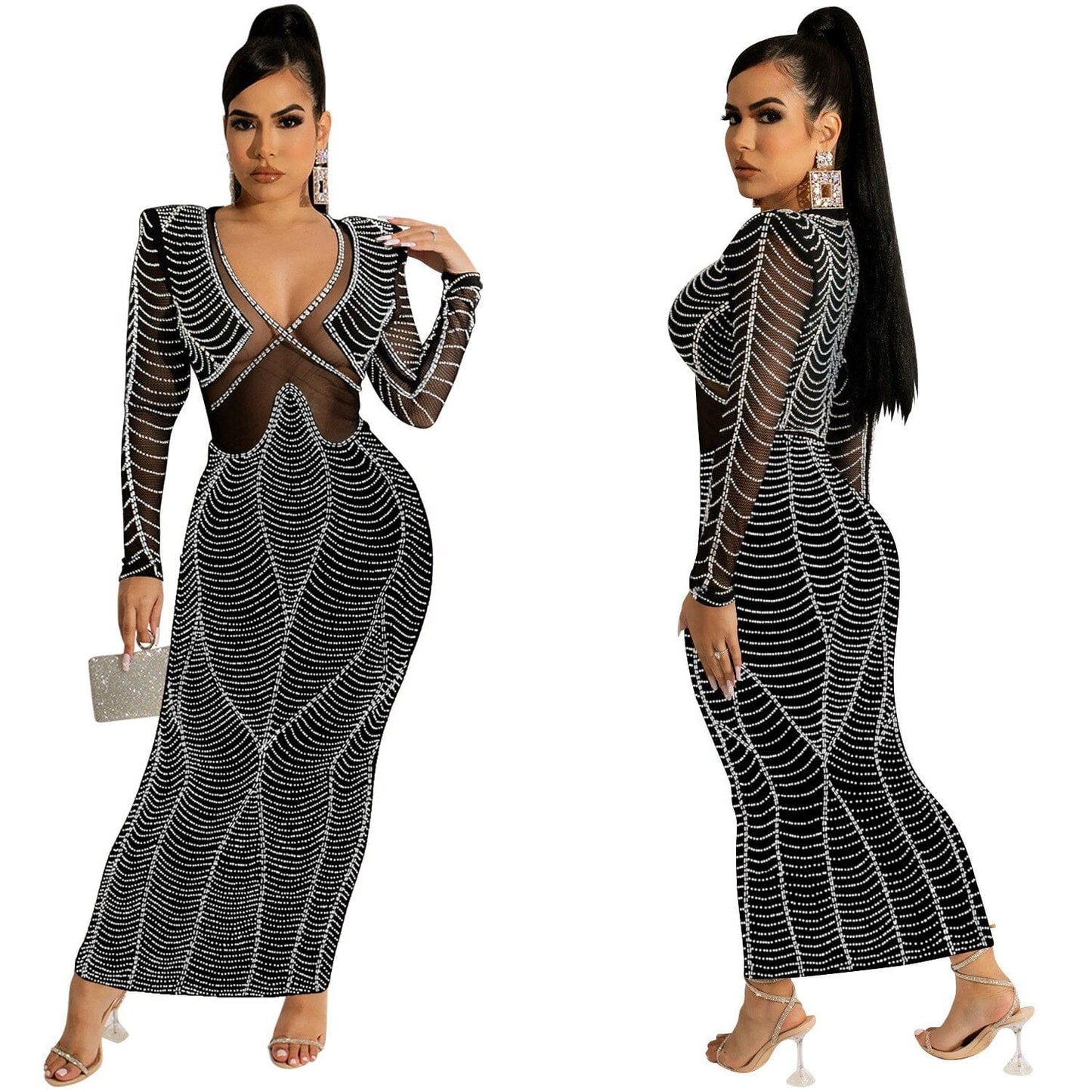 QILI 2022 New Sexy Club Ladys Dress Mesh Perspective Party Dress Diamonds V-neck Long Dress Personalized Diamonds Dress