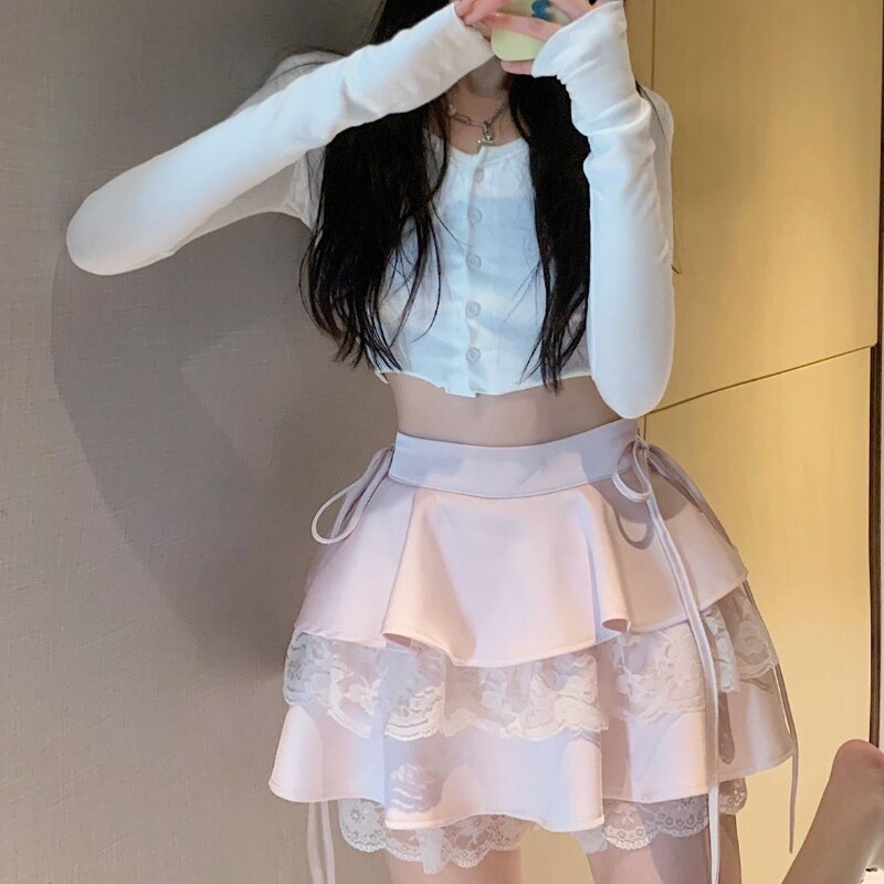 HOUZHOU Pink Ruffle Mini Skirt Women Fairycore Kawaii Lace Patchwork Double-layer Cute High Waist Bandage Sexy Short Skirts