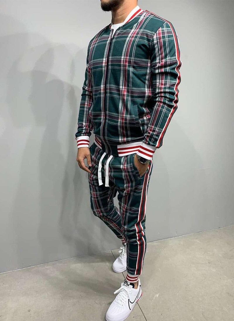 2022 Casual Suit Men Sportswear Two Piece Outfits Stripe Outerwear Plaid Set Zipper Spring Autumn Jacket Male Gentlemen Clothing