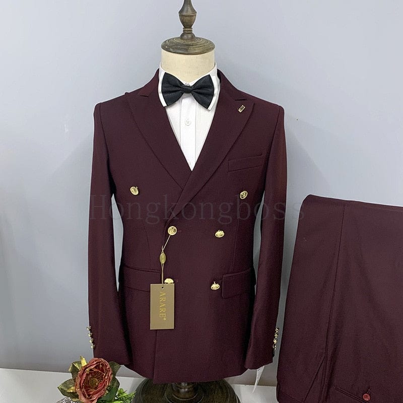 2 Pcs Suit Set Blazers Jacket Pants / Fashion Men Casual Business Pure Color Double Breasted Groom Wedding Formal Dress Suit