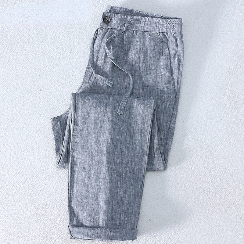 Pure Linen Pants Men Beach Elasticated Waistband Drawstring Chinese Size Thin Casual Trousers Size 36 38