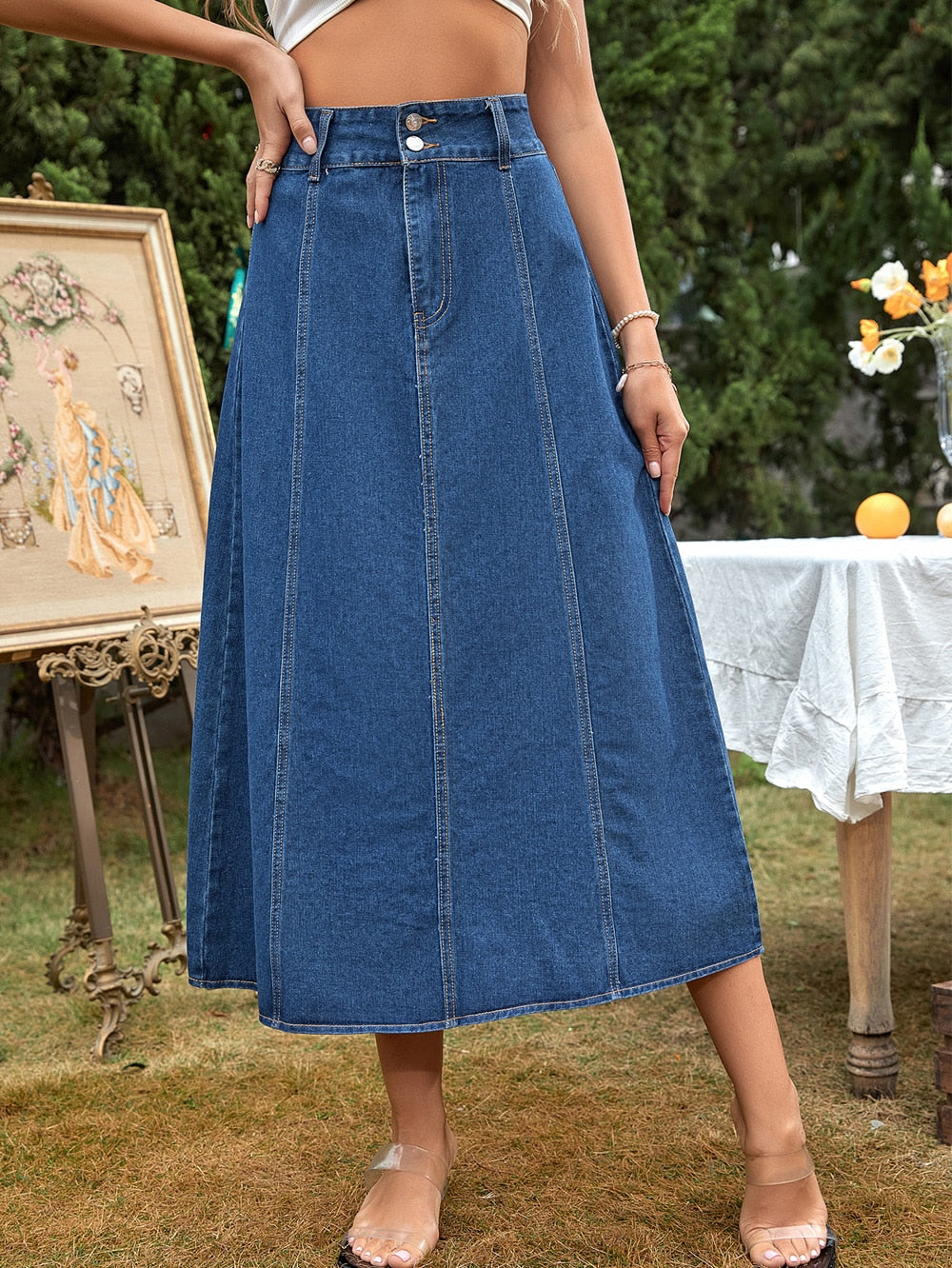 2022 Women Jean Skirt Solid Sexy Button Mid-Calf Long Straight  Denim Skirt  For Female Street Casual Wear Clothes