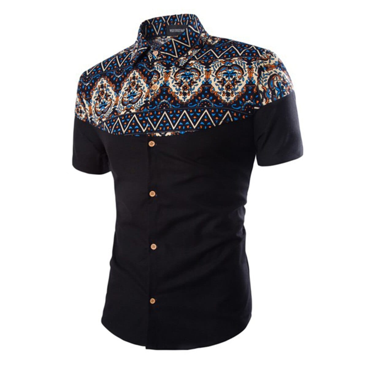 FEGKZLI Men Formal Shirts In African Print Style Stand Collar Button Shirts Navy Long Sleeve Cotton Homme Clothes Tops M-3XL