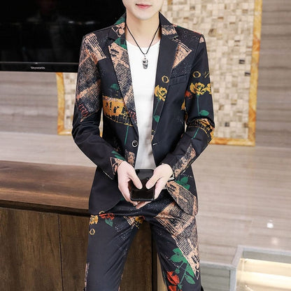 Fashion Trend Printing Suit Jacket Pants Two-piece Men's  Spring and Autumn New Korean Version Slim One-button Suit Suit