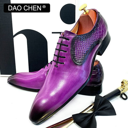 LUXURY DESIGN MEN OXFORD SHOES PURPLE BLACK SNAKE SKIN PRINTS MENS DRESS SHOES LACE UP POINTED TOE POLISH REAL LEATHER SHOES MEN