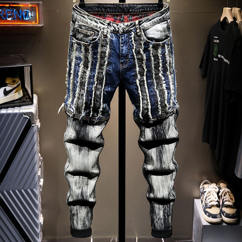 Men's Patchwork Ripped Crop Jeans Trendy Streetwear Slim Straight Stretch Denim Pants Mid Waist Ankle Length Trousers