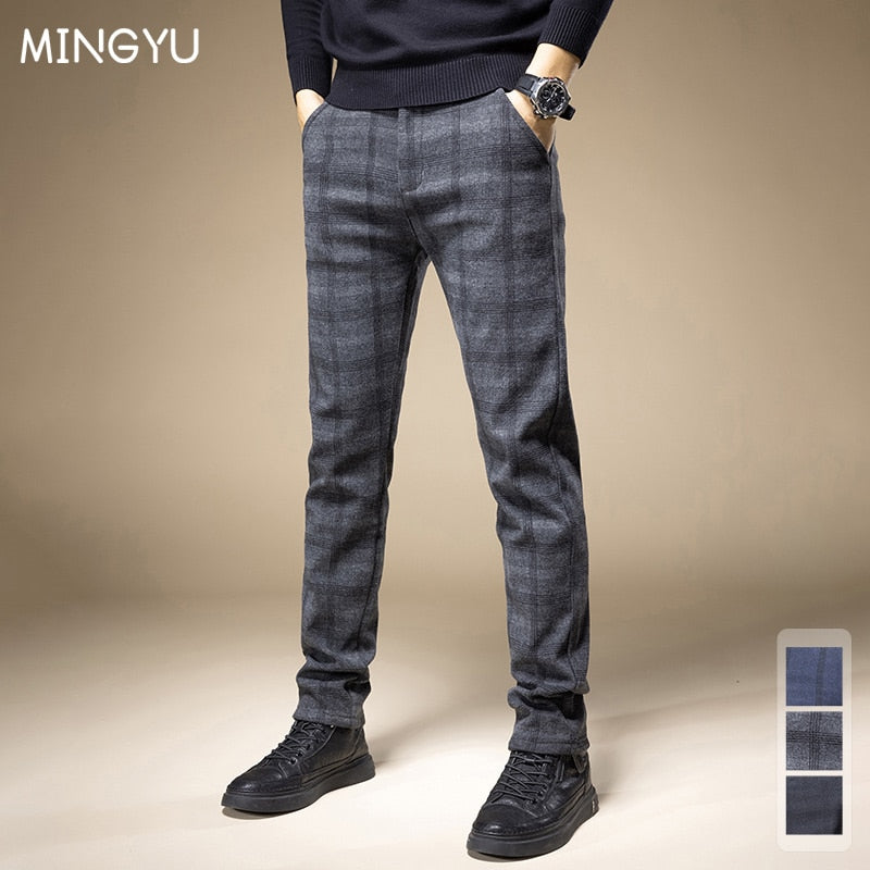 New Spring Autumn Classic Plaid Work Stretch Pants Men Cotton Business Straight Fit Grey Black Blue Korea Casual Trousers Male