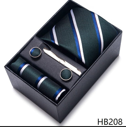 Silk Brand Tie Handkerchief Cufflink Set Necktie Holiday Gift Box Man's Blue Gold Suit Accessories Slim Cravat Wedding Gravatas
