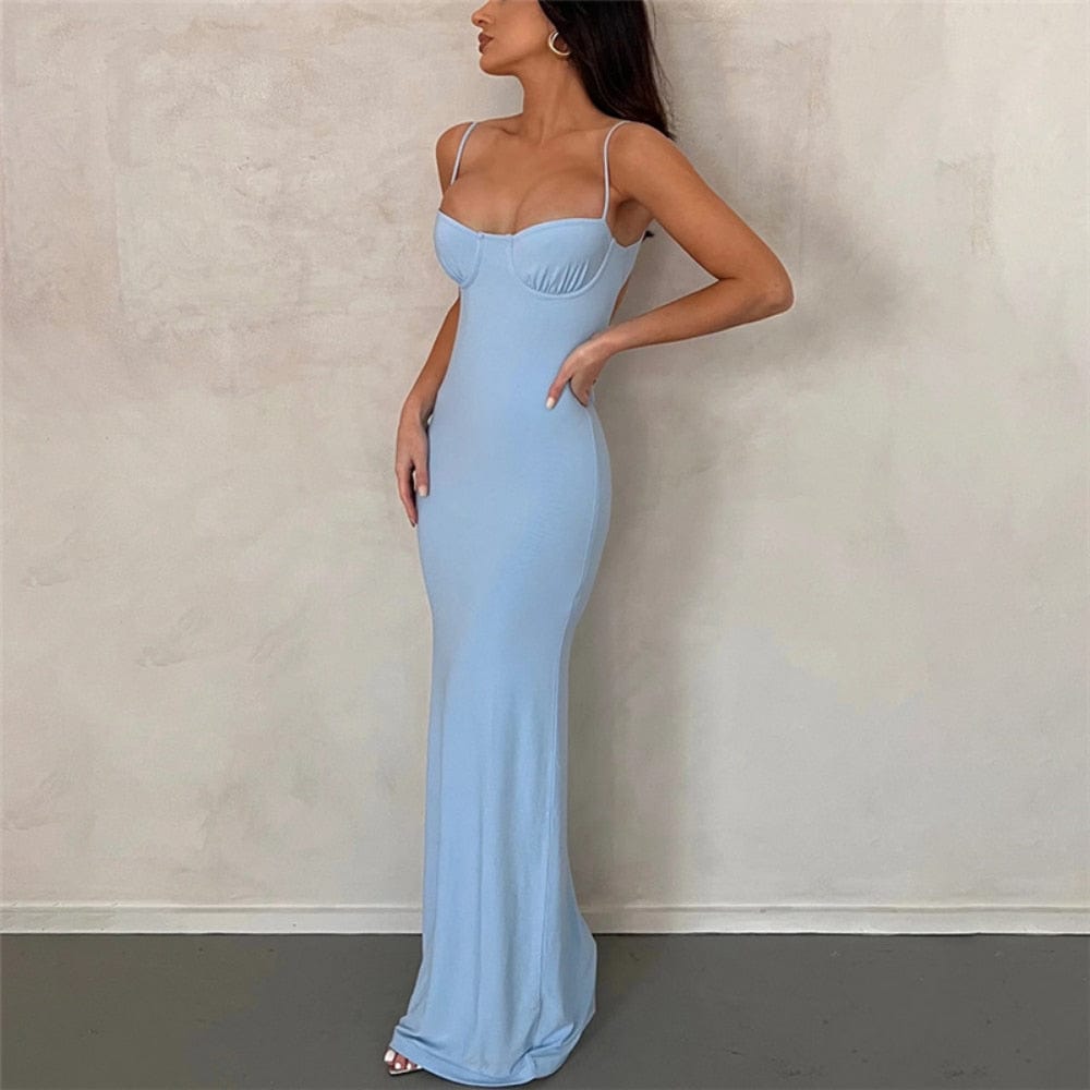 Rochie maxi subțire albastră pentru femei, rochie de petrecere de seară, sexy, fără spate