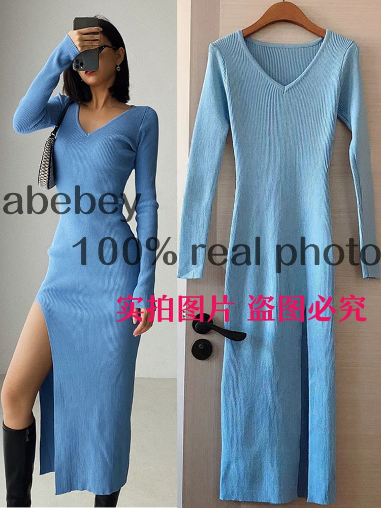 spring and winter sexy French slit sweater dress female slim tight-fitting hip-knit over-the-knee dresses