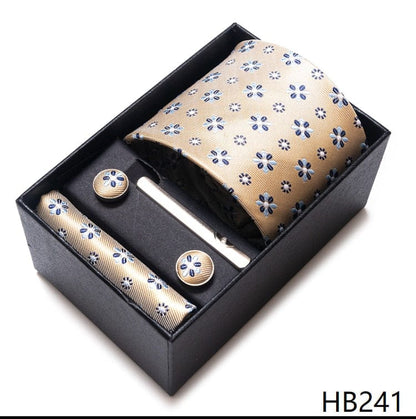 Silk Brand Tie Handkerchief Cufflink Set Necktie Holiday Gift Box Man's Blue Gold Suit Accessories Slim Cravat Wedding Gravatas