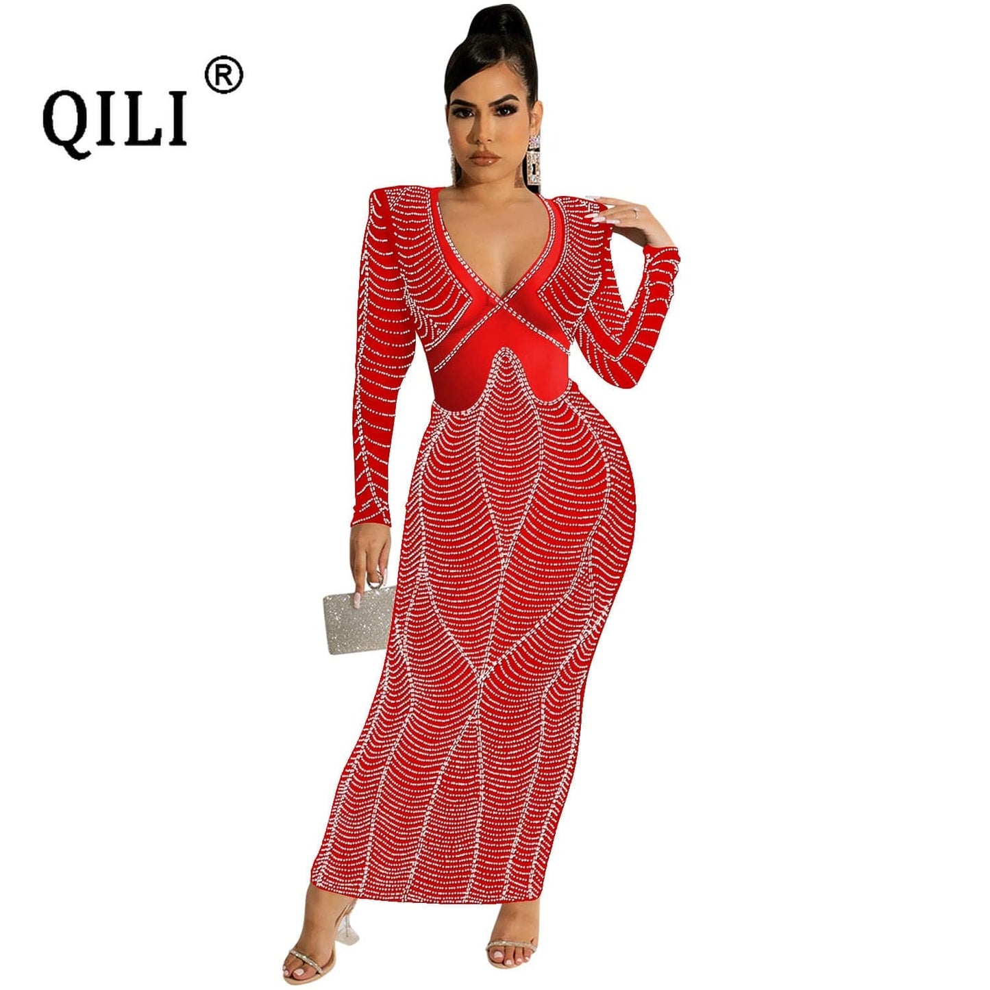 QILI 2022 New Sexy Club Ladys Dress Mesh Perspective Party Dress Diamonds V-neck Long Dress Personalized Diamonds Dress