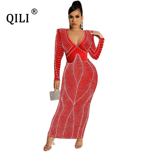 QILI 2022 New Sexy Club Ladys Dress Mesh Perspective Party Dress Diamonds V-neck Long Dress Personalized Diamonds Dress