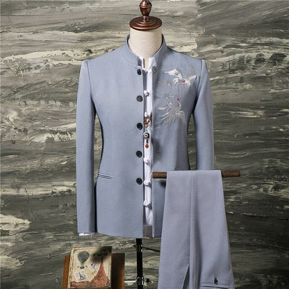 2 Pcs Set Stand Collar Blazers Jacket Pants /  Fashion New Men's Casual Boutique Business Solid Color Suit Coat Trousers
