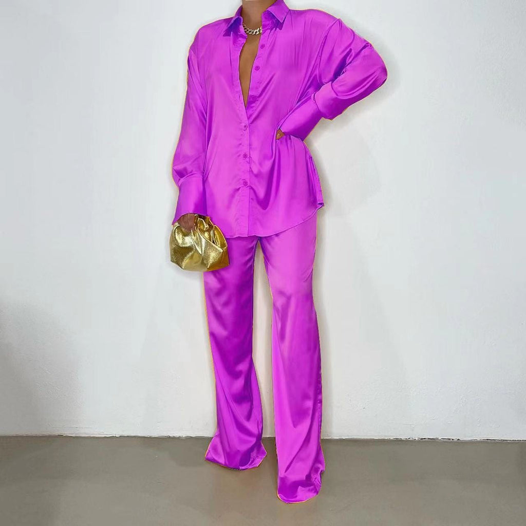 Elegant Satin Women Sets Casual Long Sleeve Shirt Straight Pants Suit  Pieces Outfits