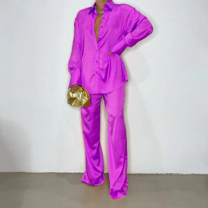 Elegant Satin Women Sets Casual Long Sleeve Shirt Straight Pants Suit  Pieces Outfits
