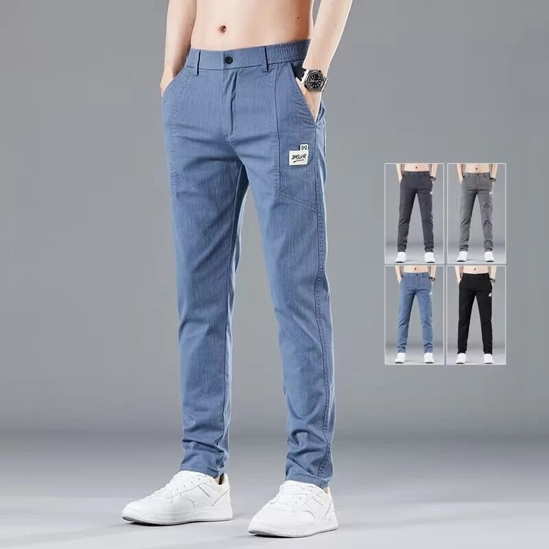 Pantaloni casual subțiri pentru bărbați, primăvară, vară, cu design elastic în talie, pantaloni de afaceri stretch din bumbac, bărbați, gri albastru.