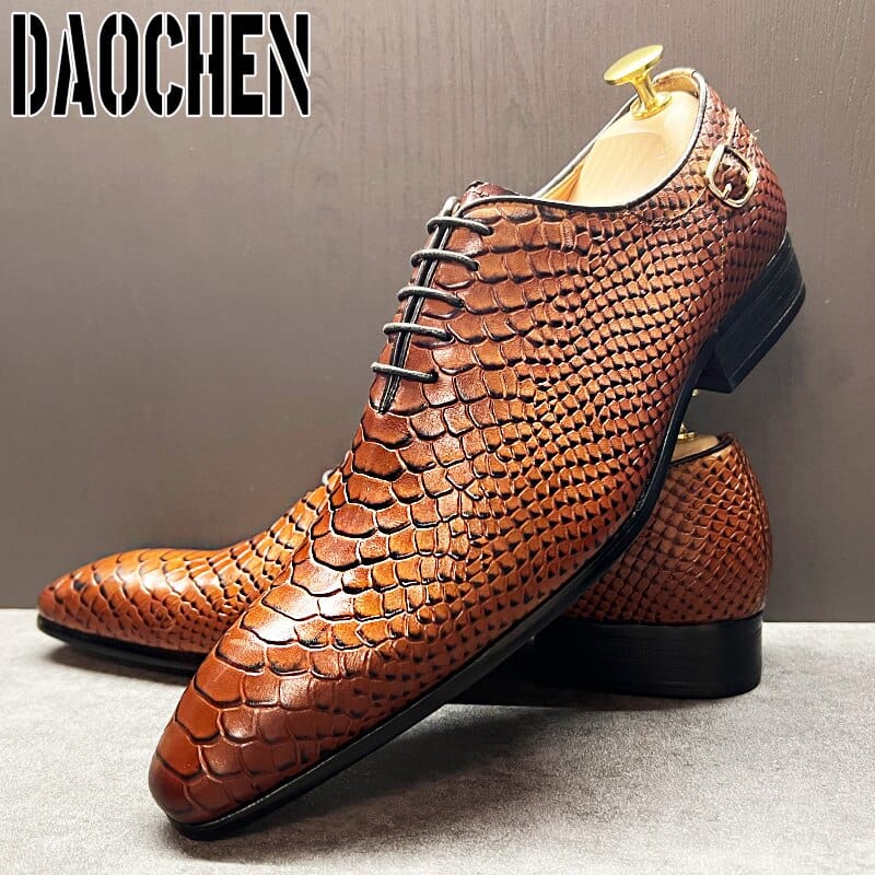 Luxury Men Oxford Shoes Black Brown Snake Skin Prints Classic Style Men Dress Leather Shoes Lace Up Pointed Toe Formal Shoes Men