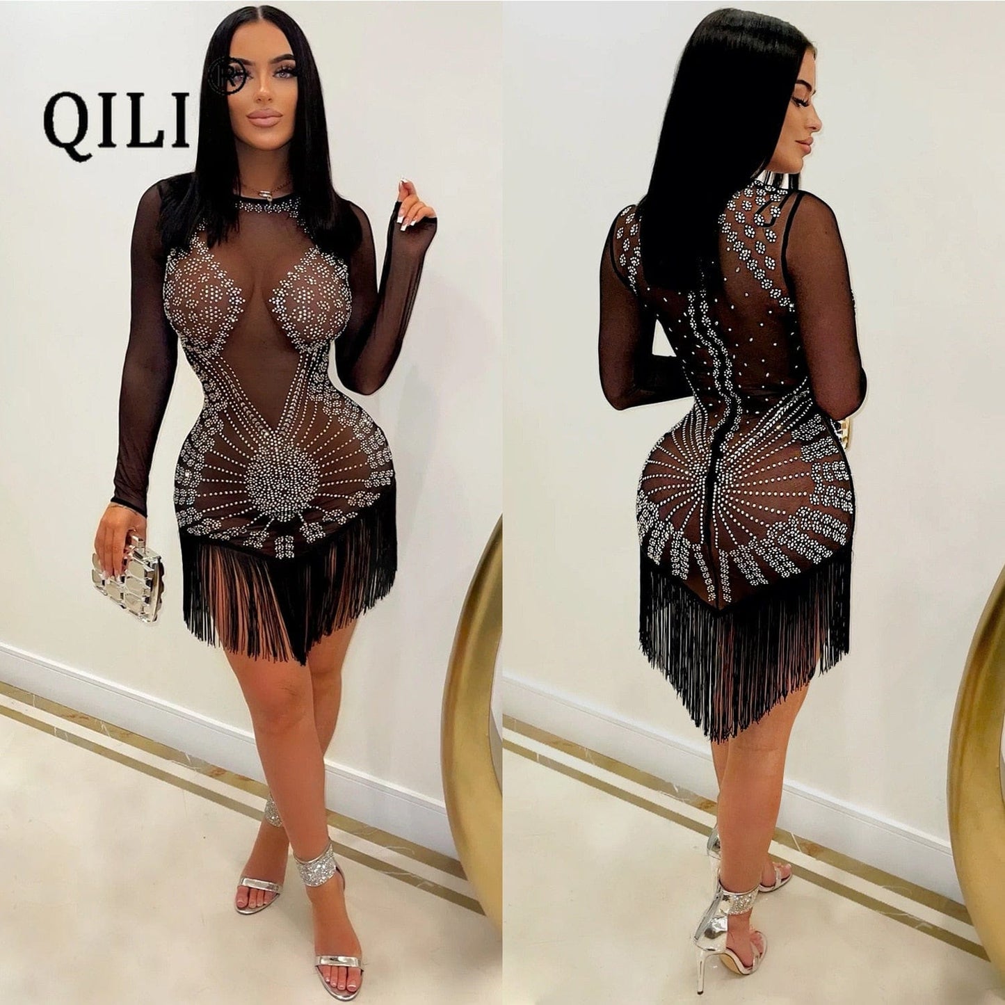 QILI See Through Mesh Diamonds Dress Black Blue Long Sleeve Rhinestone Mini Nightclub Dress Tassel