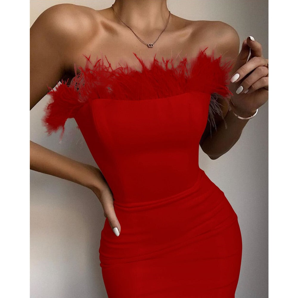 New Summer Sexy Strapless Backless Feather Black Midi Women Bodycon Bandage Dress 2022 Designer Fashion Party Club Dress Vestido