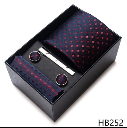 Silk Brand Tie Handkerchief Cufflink Set Necktie Holiday Gift Box Man's Blue Gold Suit Accessories Slim Cravat Wedding Gravatas