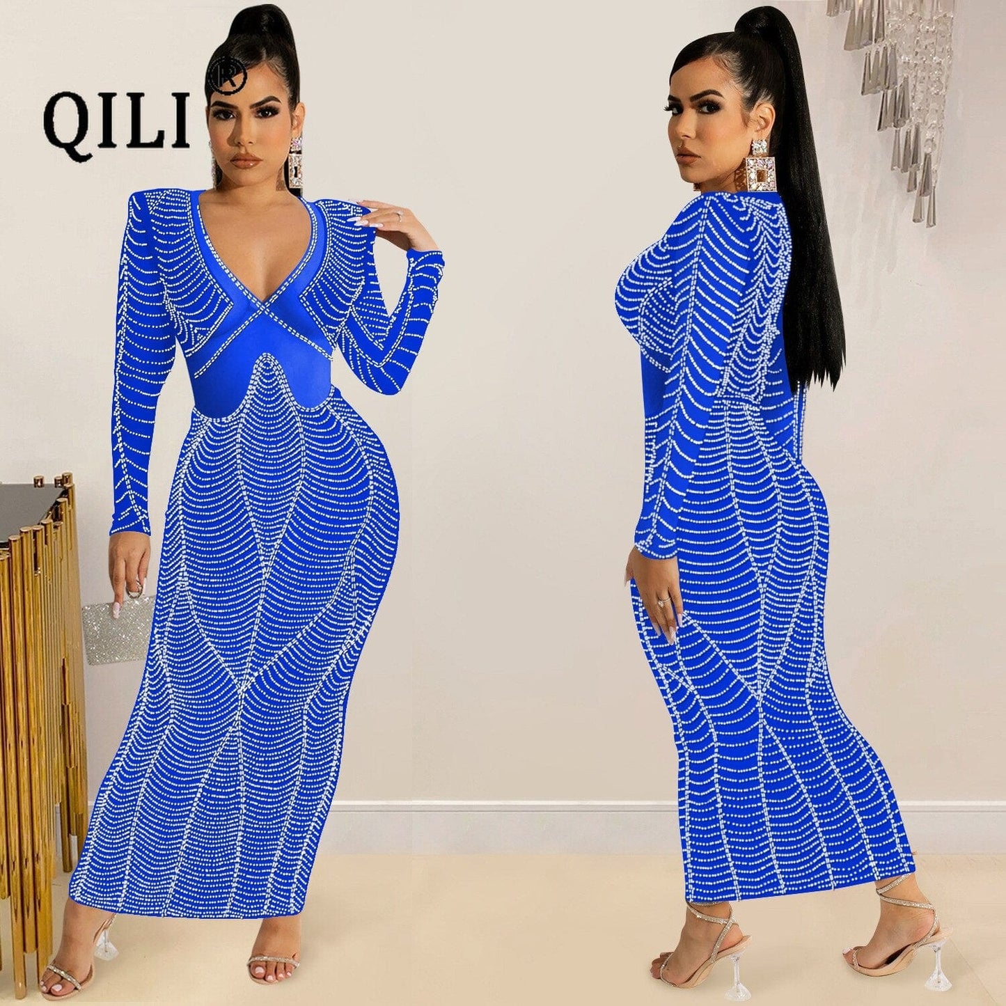 QILI 2022 New Sexy Club Ladys Dress Mesh Perspective Party Dress Diamonds V-neck Long Dress Personalized Diamonds Dress