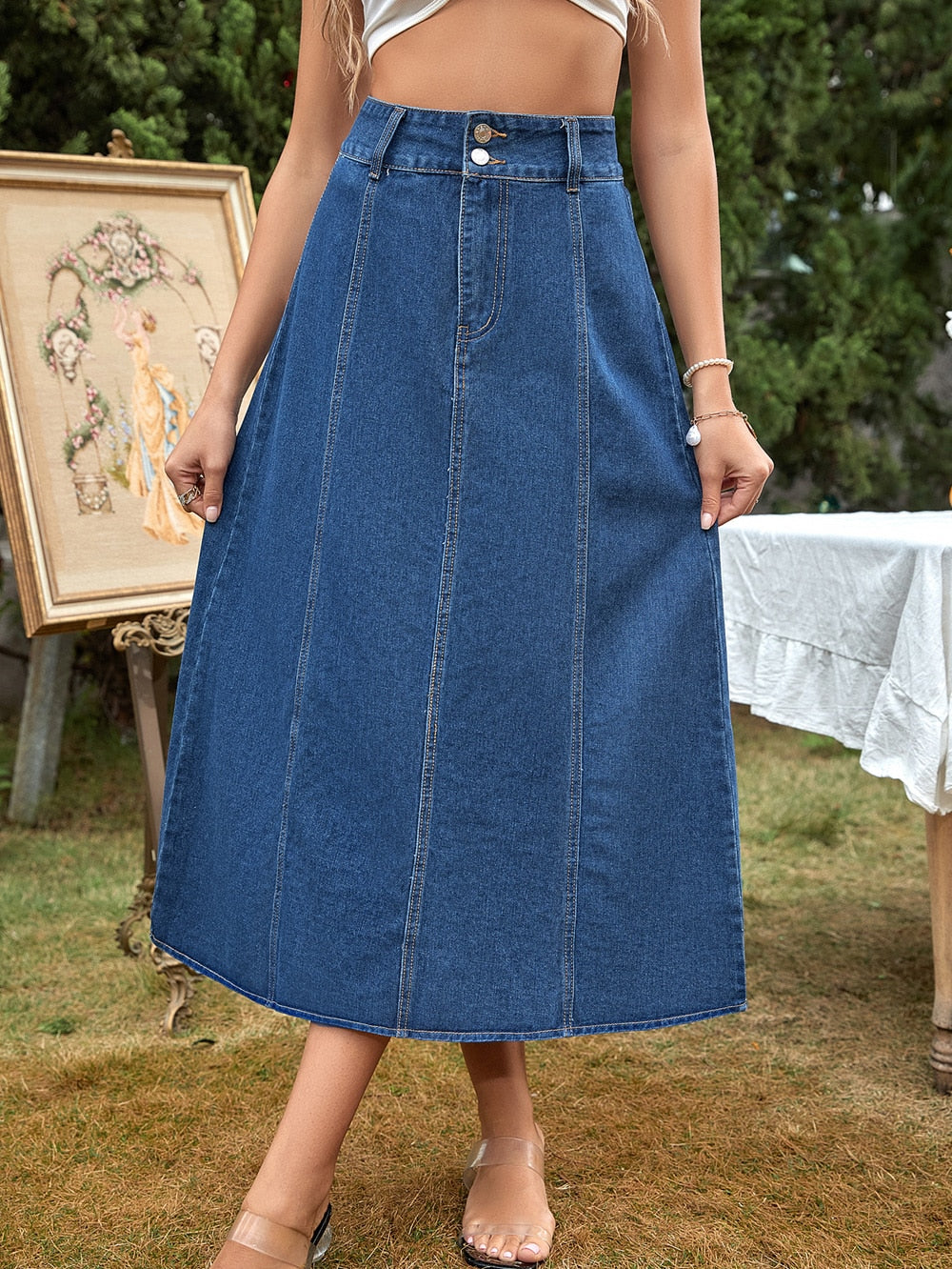 2022 Women Jean Skirt Solid Sexy Button Mid-Calf Long Straight  Denim Skirt  For Female Street Casual Wear Clothes