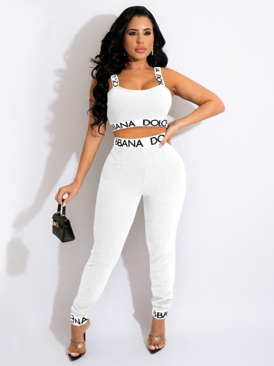 LW Set Două Piese Femei Crop Topuri și Pantaloni Cami Letter Print Vară Elegant Clasic Casual Fără mâneci Tinute Mediu Stretch