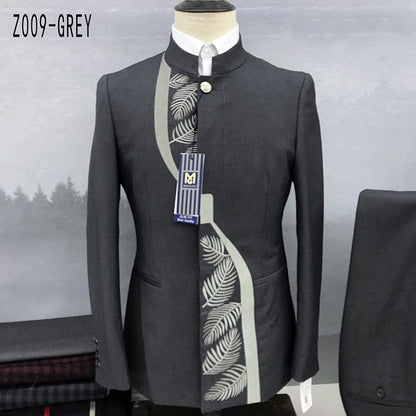 Fashion New Men's Casual Boutique Chinese Stand Collar Tunic Design Suit 2 Piece Set Blazers Jacket Coat Pants Trousers