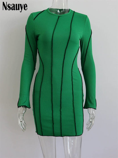 Nsauye Sexy Club Ribber Knitted Y2K Mini Bodycon Party Women Dress Autumn Striped O Neck Long Sleeve Fashion Dress