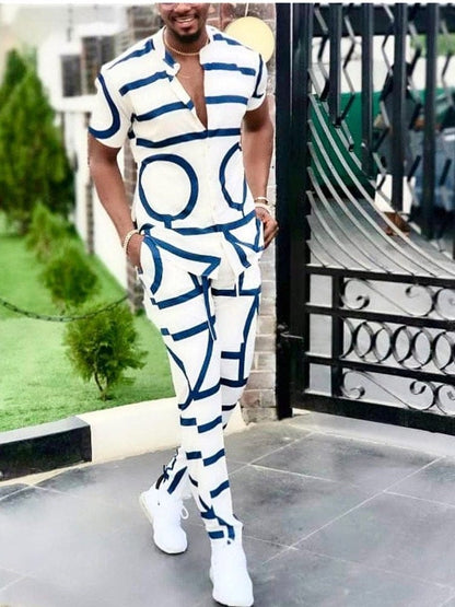 Fashion Spring Summer Men's Casual Two Piece Sets Short Sleeve Tops And Long Pants Suit Pattern Print Outfit Men Streetwear