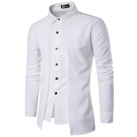 summer autumn Fake two-piece double placket thin section non-iron solid color cotton lapel men's long-sleeved shirt men's top