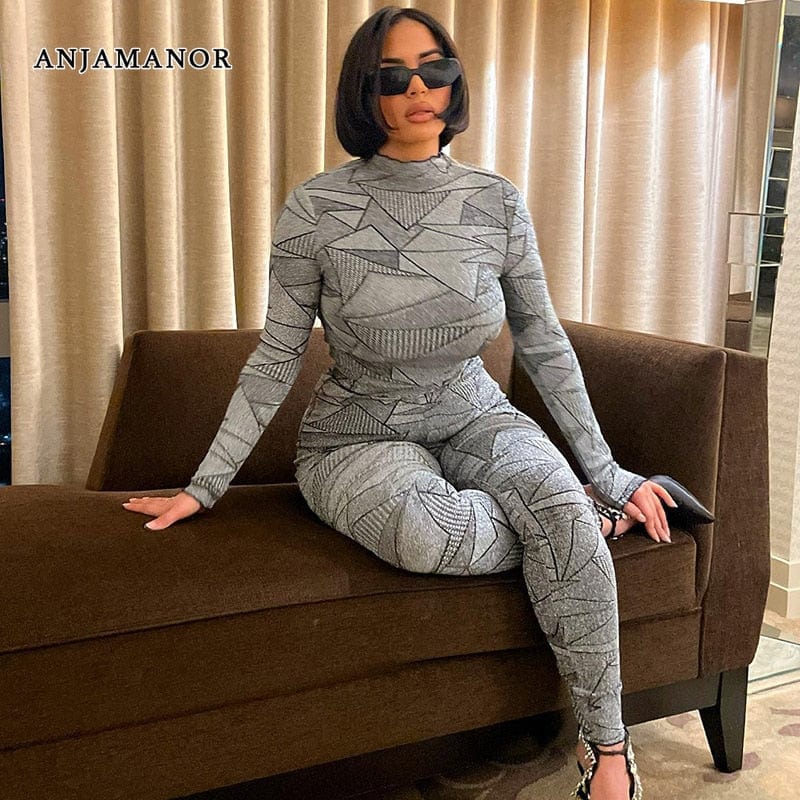 ANJAMANOR Fashion Sexy Club Outfits for Women Two Piece Leggings Set Autumn Clothes 2023 Long Sleeve Top and Pants Suit