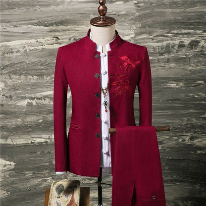 2 Pcs Set Stand Collar Blazers Jacket Pants /  Fashion New Men's Casual Boutique Business Solid Color Suit Coat Trousers