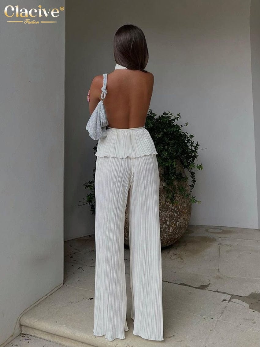 Clacive Sexy Backless Tank Top Set Woman 2 Piece Summer White Pleated Trouser Suits Female Elegant High Waist Wide Pants Set