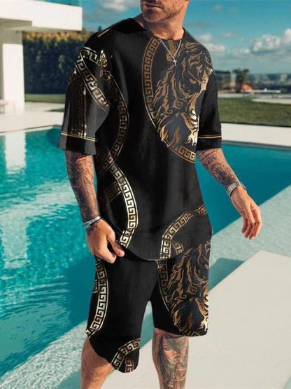 New Fashion Men's Suit Men's Print Suit Short Sleeve Summer Casual T-shirt Beach Two Piece Suit