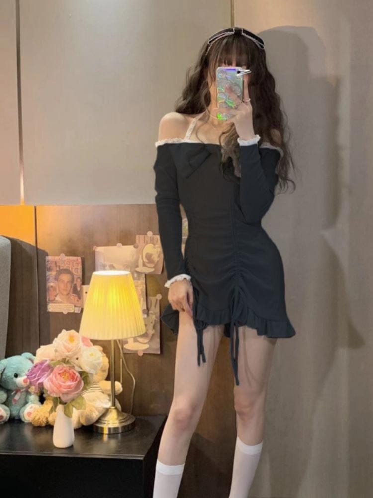 QWEEK Bodycon Wrap Sexy Dress Women Korean Style Design Kawaii Ruffles Lolita Short Dresses Lace Robe Female 2022 Autumn