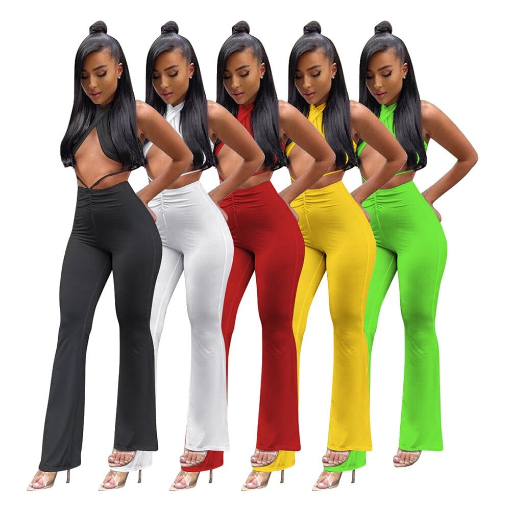 New Fashion Sexy Cross Lace-up Top and Trousers Two-piece Women&#39;s Waist Exposed Nightclub Party Clothes Slim Wide Leg Pants