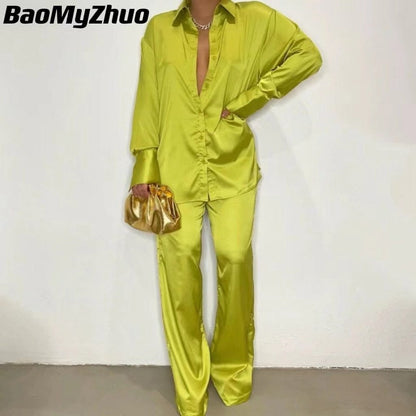 Elegant Satin Women Sets Casual Long Sleeve Shirt Straight Pants Suit  Pieces Outfits