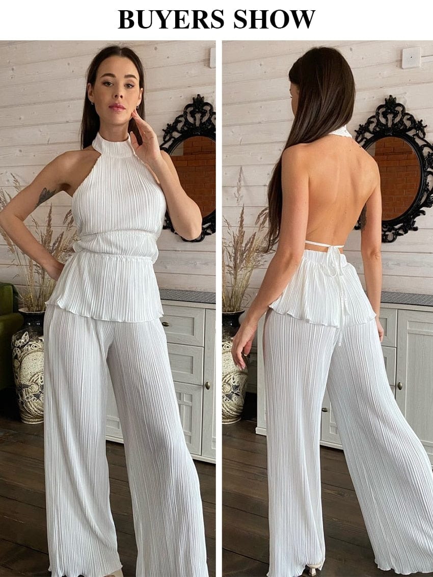 Clacive Sexy Backless Tank Top Set Woman 2 Piece Summer White Pleated Trouser Suits Female Elegant High Waist Wide Pants Set