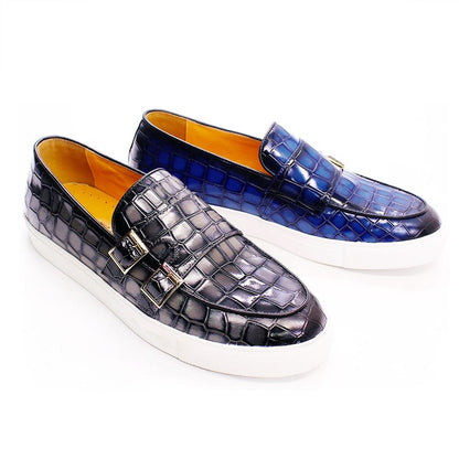 Luxury Brand Men's Loafer Shoes Gray Blue Crocodile Print Monk Strap Slip on Wedding Office Dress Casual Mules Leather Men Shoes