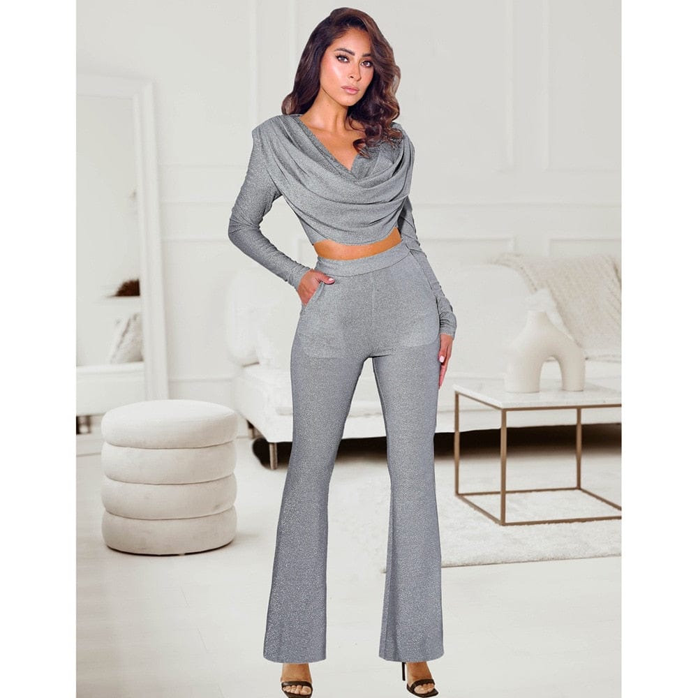 Sexy Foil 2 Piece Sets Womens Outfits Fashion U-neck Fringed Crop Top + Micro-flared Trousers 2023 Streetwear Casual Suit Female