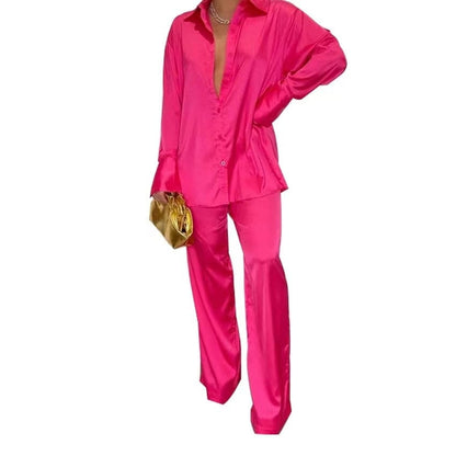 Elegant Satin Women Sets Casual Long Sleeve Shirt Straight Pants Suit  Pieces Outfits