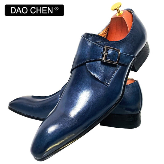 DAOCHEN MEN LEATHER SHOES BLACK BLUE MONK STRAP LOAFERS SLIP ON LUXURY BRAND CASUAL MENS DRESS SHOES WEDDING OFFICE MEN&#39;S SHOES