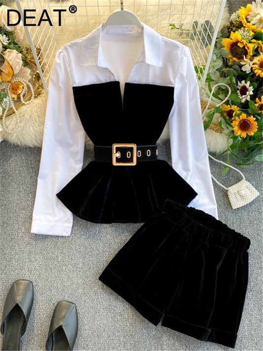 DEAT 2023  Spring Spring Long Sleeve Patchwork Velvet Size Small Tops With Belt High Waist Shorts Two Piece Set Women MH334