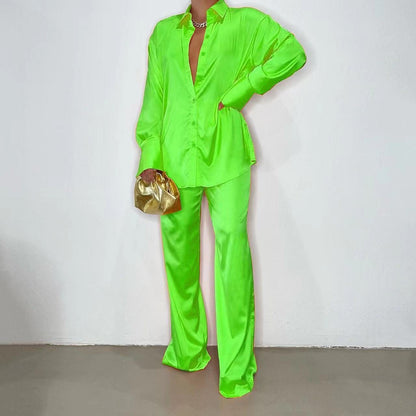 Elegant Satin Women Sets Casual Long Sleeve Shirt Straight Pants Suit  Pieces Outfits