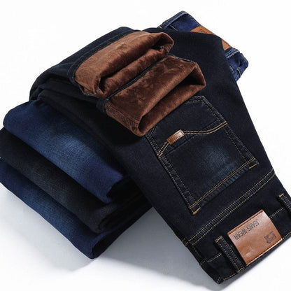 Winter New Men's Warm Jeans Business Casual Elasticity Thick Slim Denim Pants Brand Trousers Black Plus Size 38 40