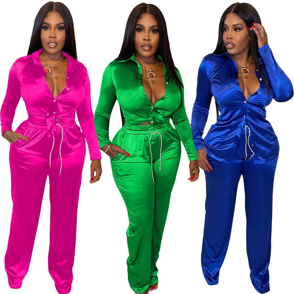 Elegant Satin 2 Piece Set Women Sexy Button Long Sleeve Lace Up Shirt Top + Drawstring Pants Slim Club Party Matching Sets