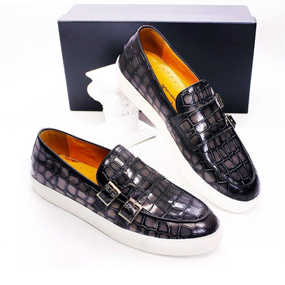 Luxury Brand Men's Loafer Shoes Gray Blue Crocodile Print Monk Strap Slip on Wedding Office Dress Casual Mules Leather Men Shoes