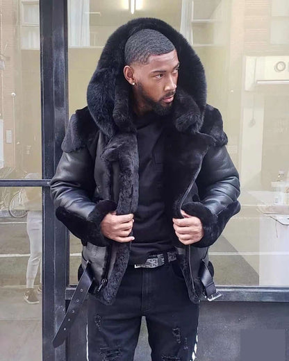 New Men's Leather Coat Winter Large Size Jacket with Fur Collar and Long Sleeve Wool Lining Casual Men's Jacket